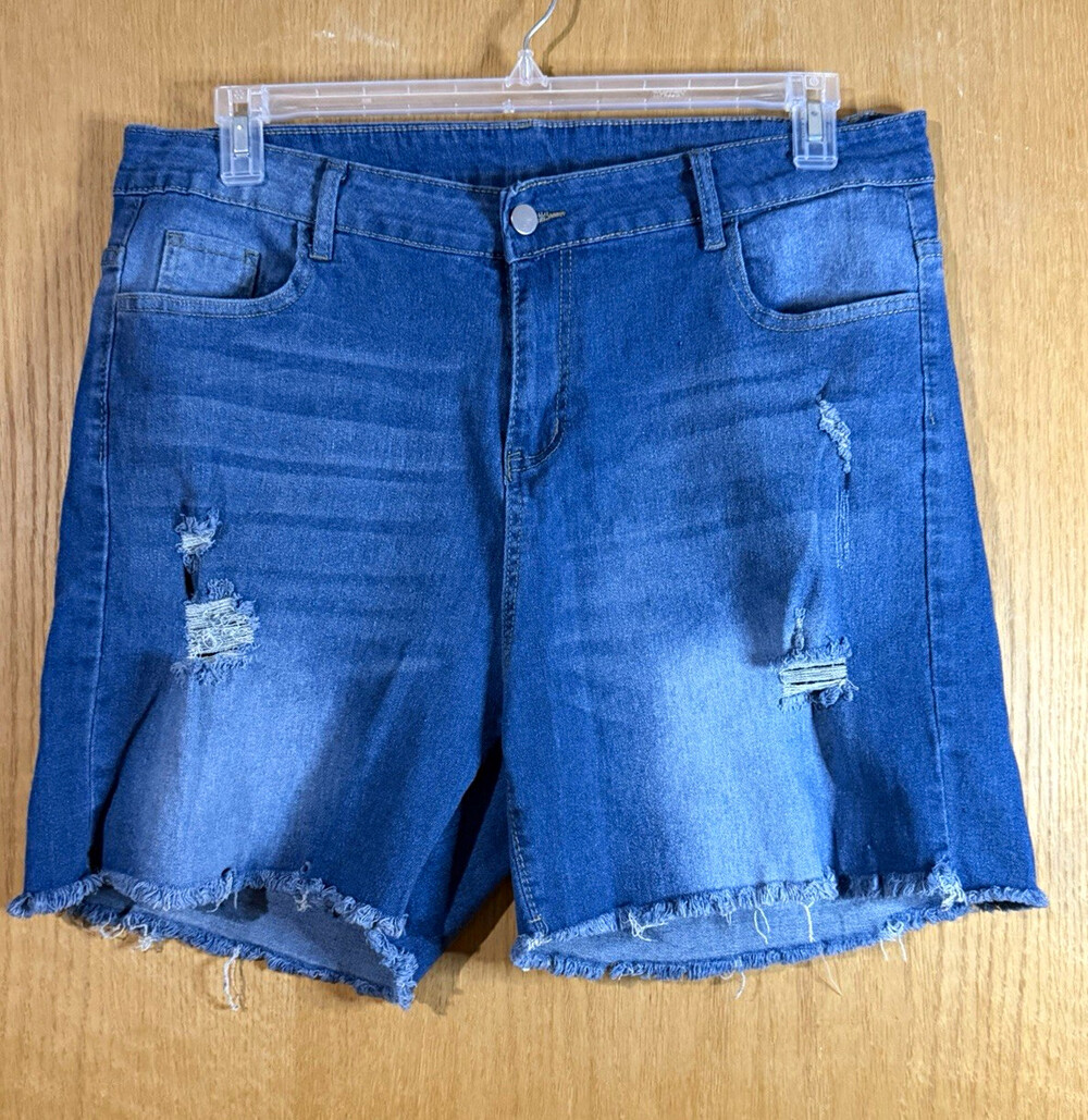 Women's Blue Denim Bermuda Shorts 18 XL Distressed Frayed Hem